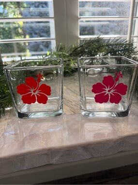 Set of 2 Square Glass Hibiscus Vases/Candle Holders – Tropical Floral